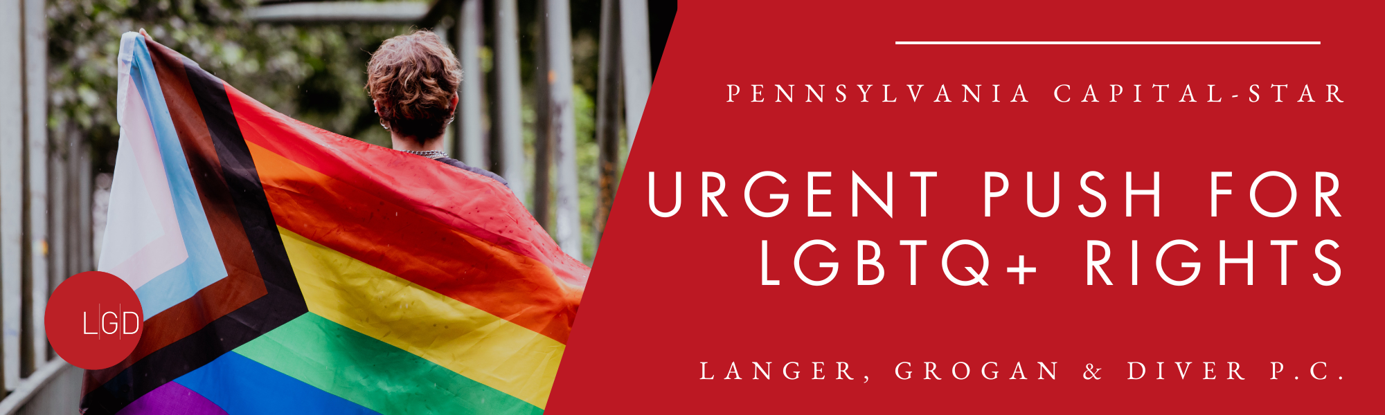 Decorative image of blond person holding the LGBTQIA+ flag on a text banner that says "Urgent Push for LGBTQ+ Rights" with Langer, Grogan & Diver branding.